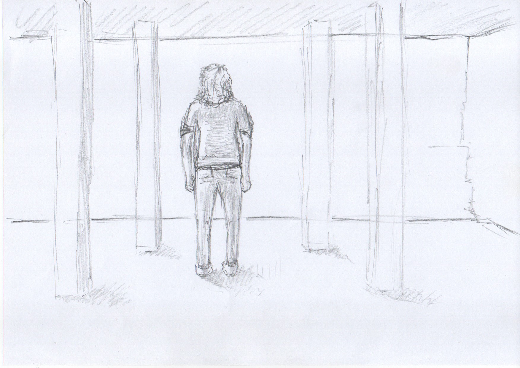 A sketch of an early scene that depicts Sarah in front of a graffiti wall.