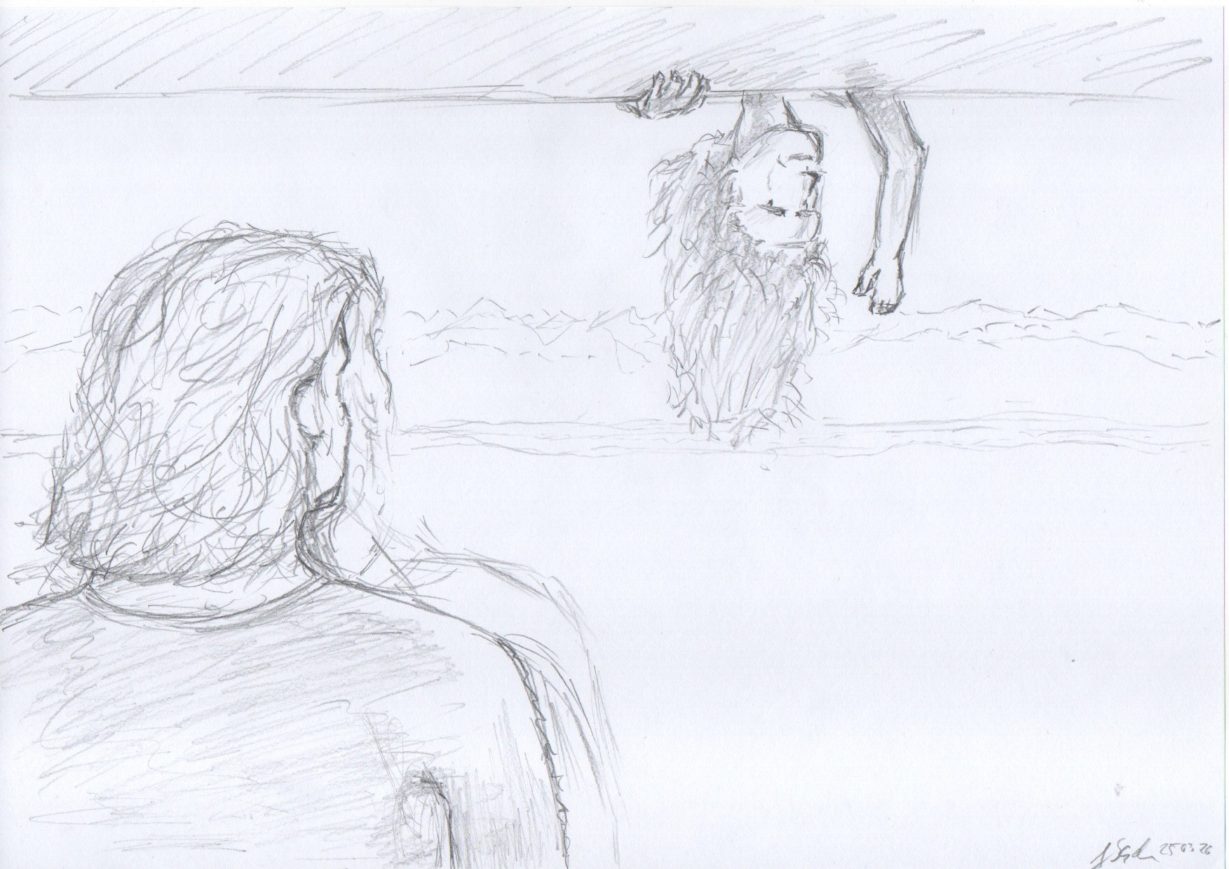A sketch of an early scene that depicts Sarah and Jamie.