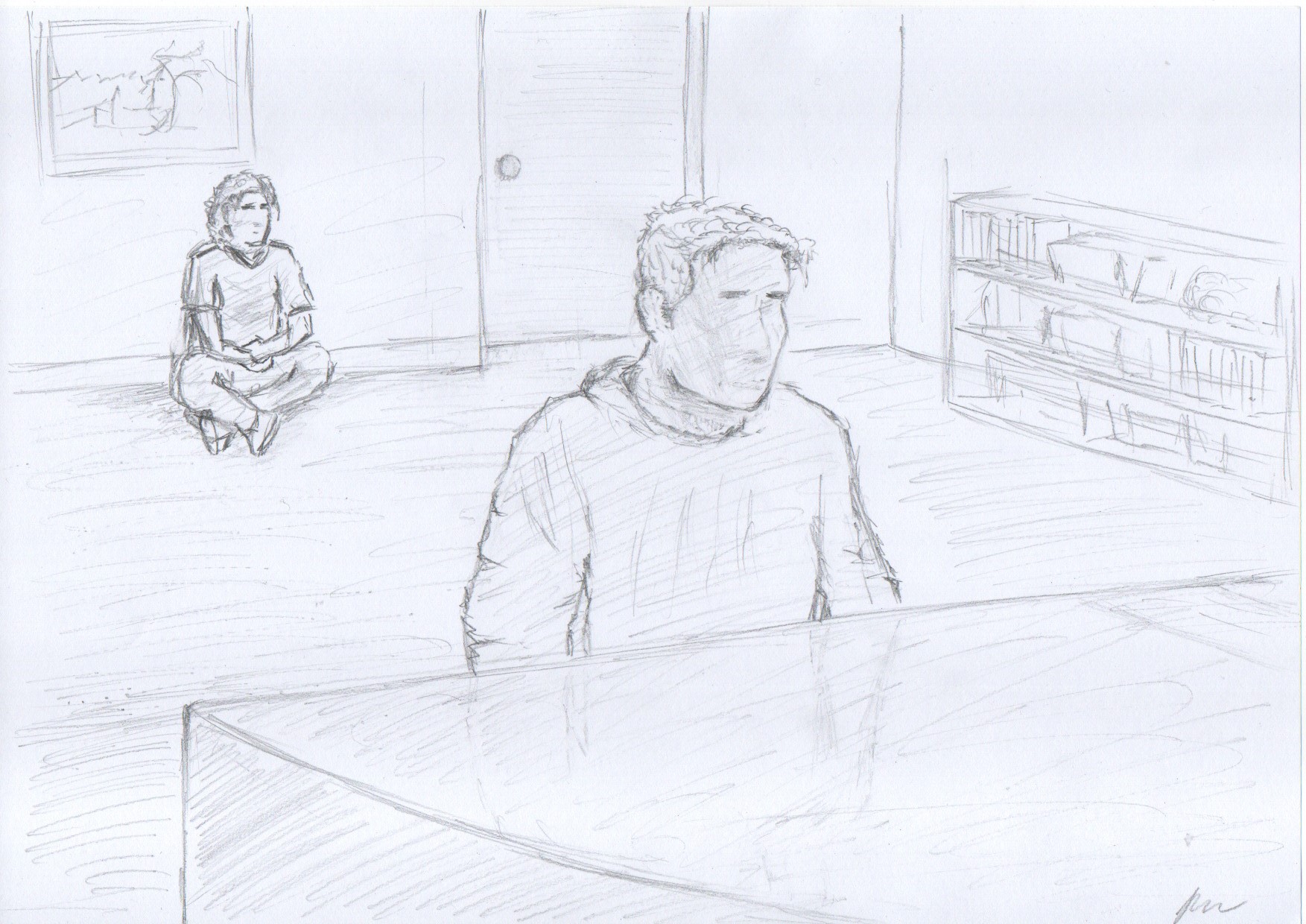 A sketch of a mid-game scene that depicts Nic and Sarah in a seemingly hopeless situation.